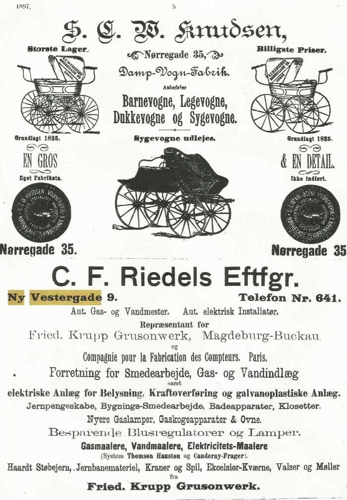 Annonce i Krak 1897 for Howitz C.F. Riedels Eftf. Ny Vestergade. 